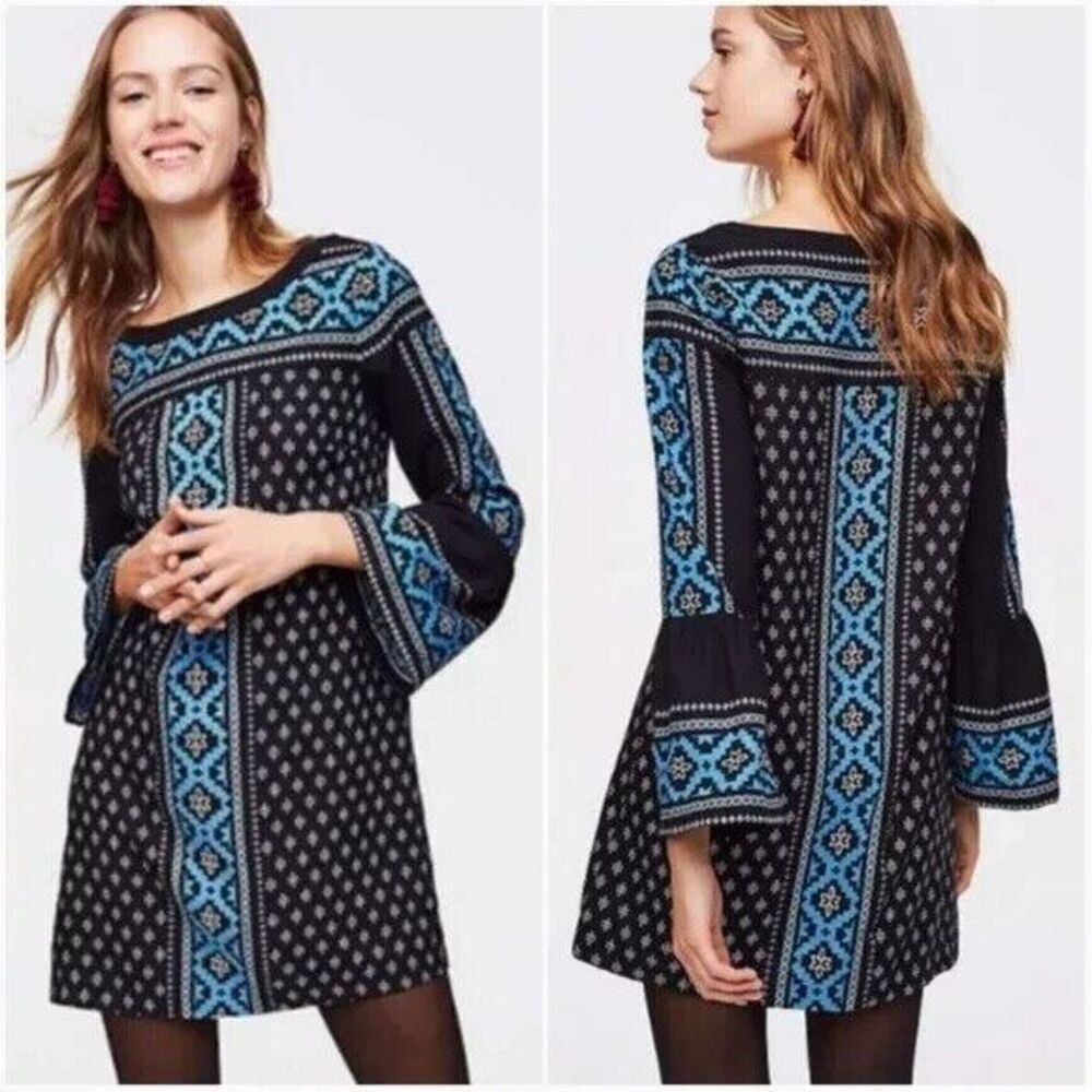 Loft Petities SP‎ Black Blue Geometric Bell Sleeve Tunic Dress Boho